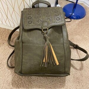 New, never-used olive color backpack, faux leather.